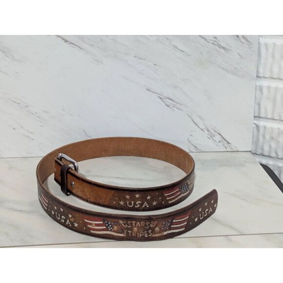 Stars and Stripes American Themed Men's Genuine Brown Leather Belt Sizer 32-36" - Picture 5 of 5